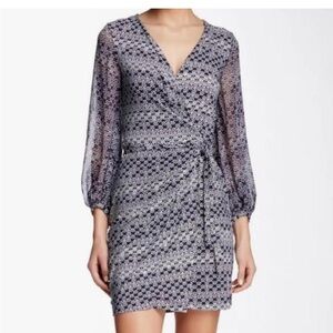 Diane Von Furstenberg “Sigourney” navy and white wrap dress w/sheer sleeves